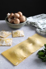 Uncooked ravioli, mushrooms and parsley on light table, closeup