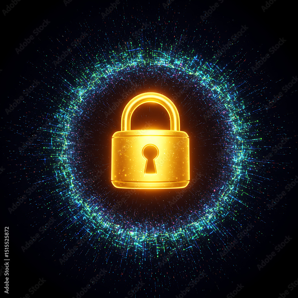 Poster glowing golden padlock icon surrounded by a sparkling blue and green particle shield or aura on a da
