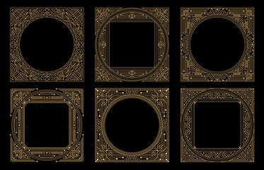 Art deco frames in gold lines on black background. Vector set of elegant symmetrical square and circle borders, classic decorative templates with vintage luxury flair, for invitations or certificates