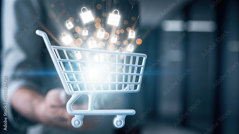 Poster a digital shopping cart with security icons, representing secure online shopping and data protection