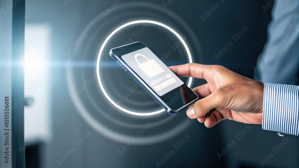 Aufkleber a person uses a smartphone to unlock a secure door using wireless technology and digital security.