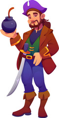 Cartoon pirate corsair character holding round bomb with lit fuse and smiling proudly. Vector privateer personage in captain hat and coat, with sword and confident pose ready for explosive action