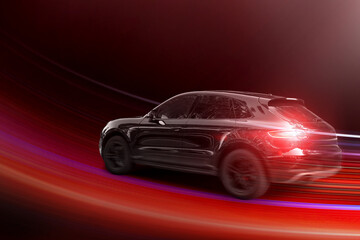 Car driving fast. Speed light trails, motion blur effect