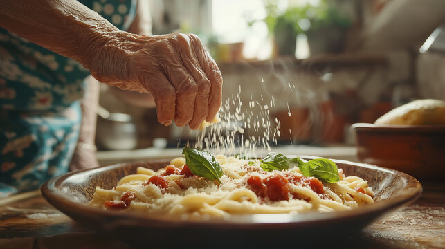 Homemade pasta with cheese in grandma's hands.
An elderly woman sprinkles freshly made pasta with parmesan cheese. A plate of pasta, tomato sauce and basil sits on a wooden table in a rustic kitchen.