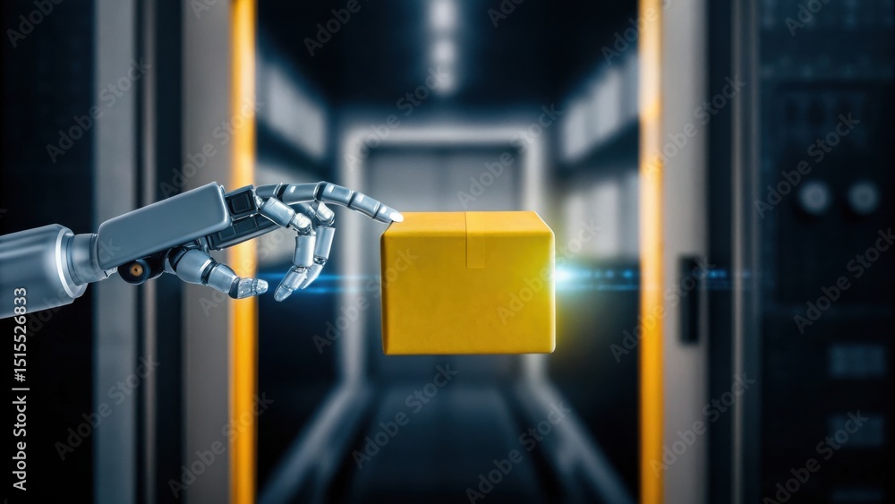 Poster a robotic hand holds a yellow package in a high-tech, futuristic corridor, symbolizing automation an