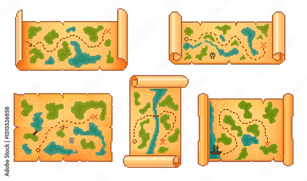 Poster 8 bit pixel art ancient pirate treasure maps with scroll edges, island paths, red x marks and pixela
