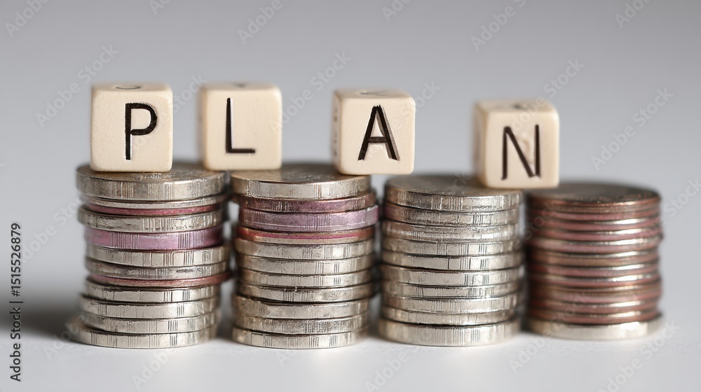 Poster stacks of coins with letter dice forming the word plan on a clean surface for financial planning con