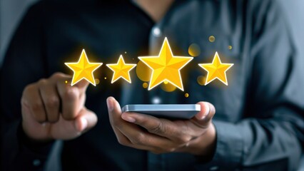 A person taps a smartphone, giving a digital five-star rating with glowing stars.