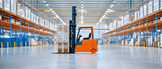 Orange Forklift In Wide Modern Warehouse Interior