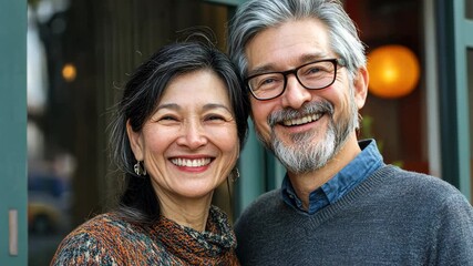 Happy mature couple smiling outdoors, close up, showing affection and joy, both with gray hair, wearing casual clothing, standing together natural light, urban background, expressing happiness - Powered by Adobe