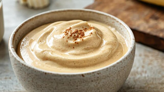 Creamy dip with smooth texture and beige color, featuring swirl pattern and sprinkled spice closeup of ceramic bowl rustic table, homemade appetizer and delicious dessert, inviting presentation