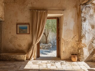 Obraz premium A room with a curtain open and a picture hanging on the wall. The curtain is white and the picture is framed