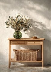 Light-drenched console table with a green vase of wildflowers, wicker basket, and textured wall