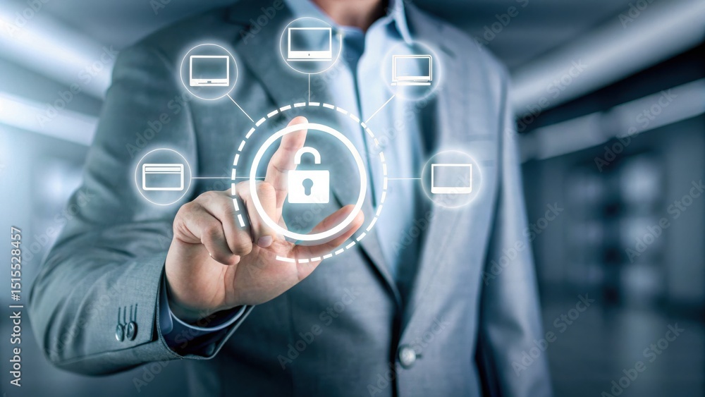 Poster a man in a suit touches a digital lock icon, symbolizing cybersecurity and data protection in a virt