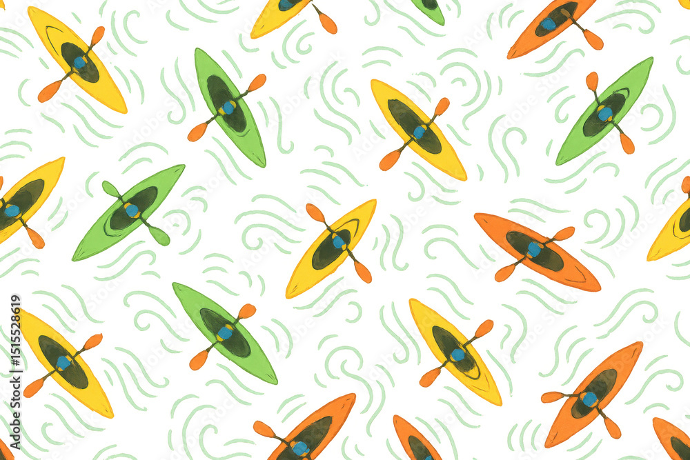 Poster Colorful kayaks drifting over stylized blue waves, creating nautical summer pattern with transparent background for design projects