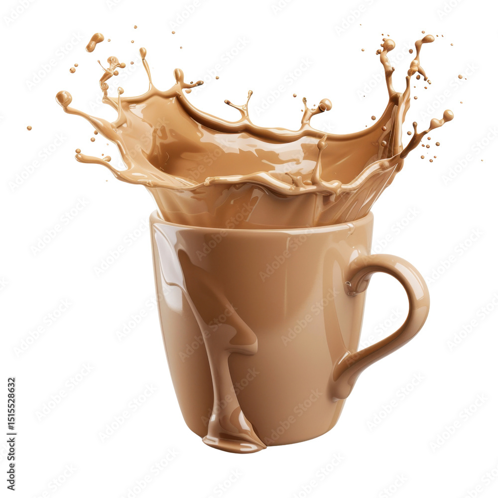 Poster cup filled with creamy liquid splashes dramatically, creating artistic display of droplets and waves
