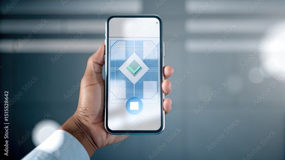 Aufkleber a hand holds a smartphone displaying a futuristic interface with geometric icons on the screen.