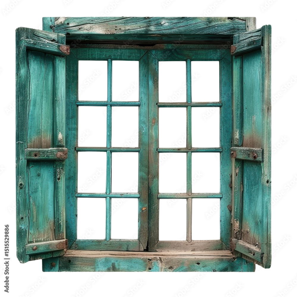Poster rustic wooden window with turquoise paint, featuring open shutters and grid design. weathered textur