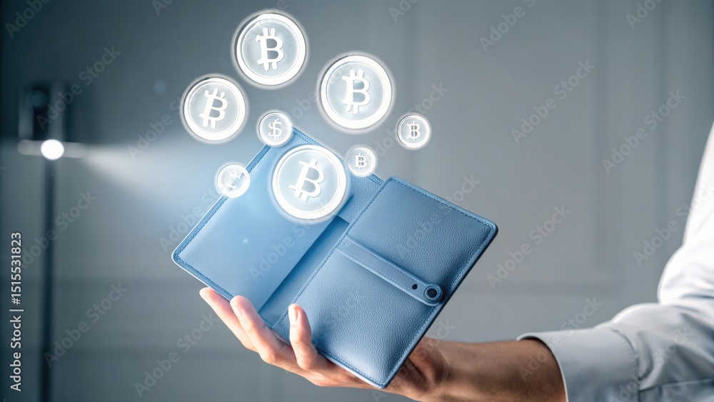 Poster a person holding an open wallet with digital bitcoin symbols floating above, representing cryptocurr