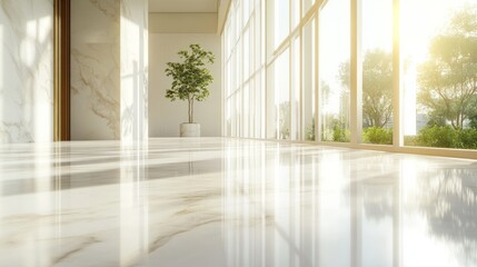 Golden sunlight filters through floor-to-ceiling windows, casting reflections on the polished white marble floor in a minimalist interior. generative ai