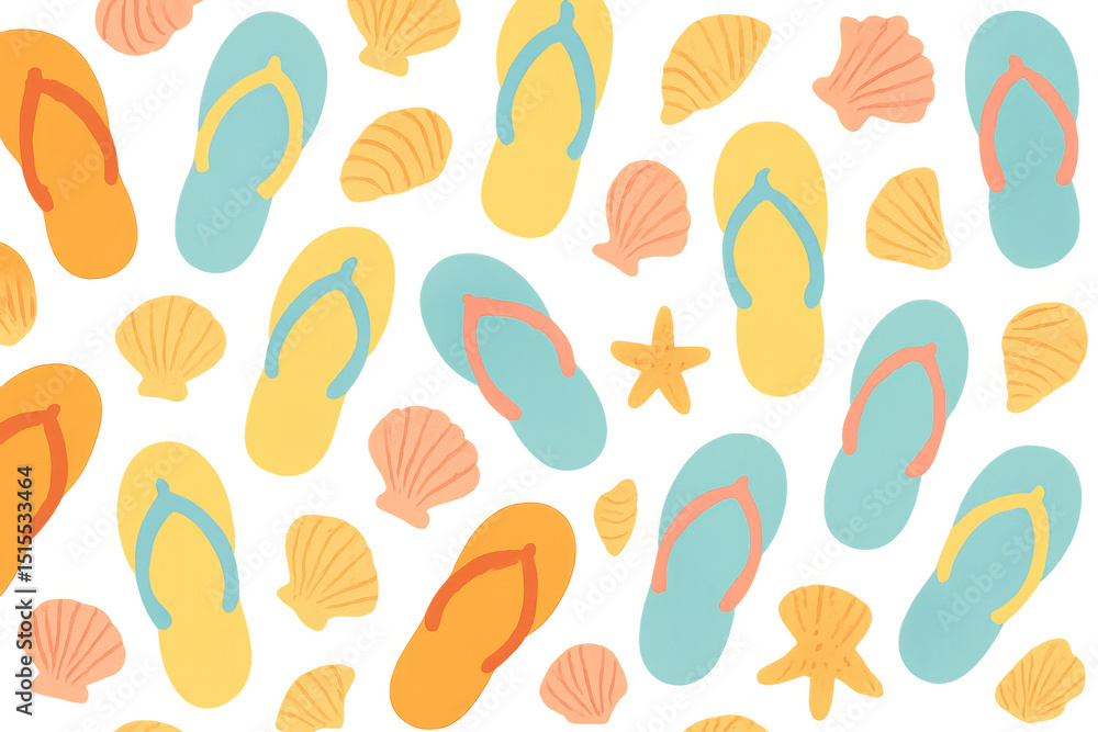 Poster seamless pattern of colorful flip-flops and seashells evoking summer vibes, ideal for beach-themed d