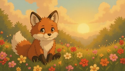 Fototapeta premium Adorable Fox Kit in a Summer Meadow at Sunset