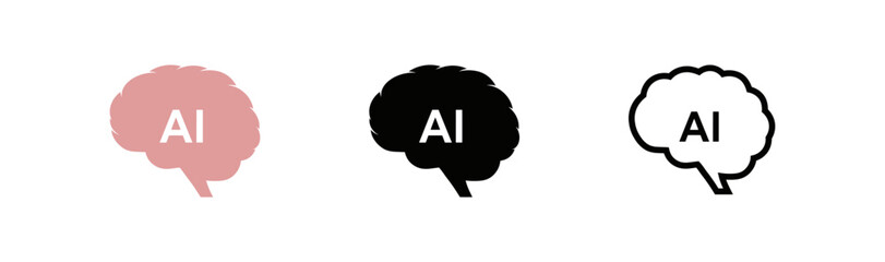 Human Brain Symbol with AI Letters in Three Variations on a White Backdrop