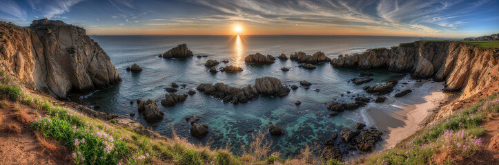 wild rocky ocean cove at sunset
