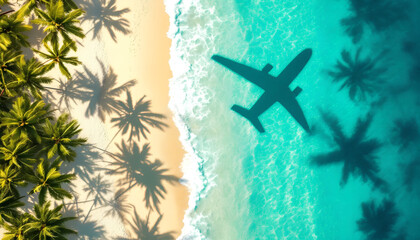 Aerial View of Paradise Beach with Palm Trees and Ocean