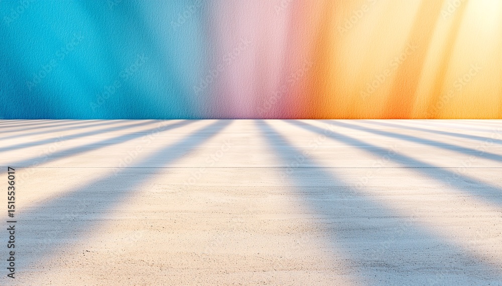 Poster sunlight rays casting shadows on concrete floor with colorful wall background