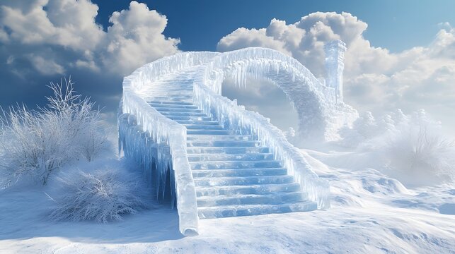 A bridge made of ice and snow, with stairs in the middle, set against a winter landscape with a blue sky and clouds, Generative AI