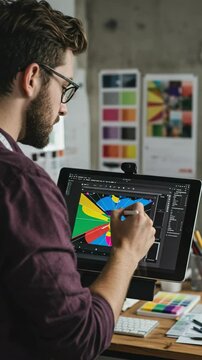 Creative Male Graphic Designer Working on Digital Artwork in Modern Office Environment