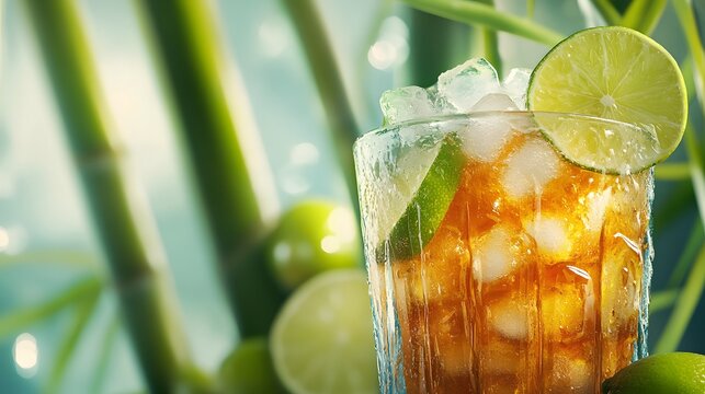 Photograph of a refreshing, chilled Adobado cola with lime and ice, set against a green bamboo background, Generative AI