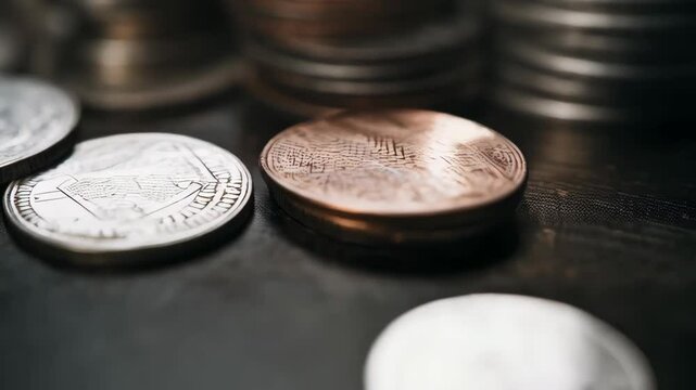 Pile of metal coins forming stacks for currency exchange, savings, investment and financial business decisions on dark surface