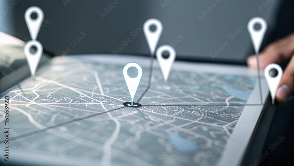 Poster a digital map with multiple location markers, highlighting navigation and geographic positioning.