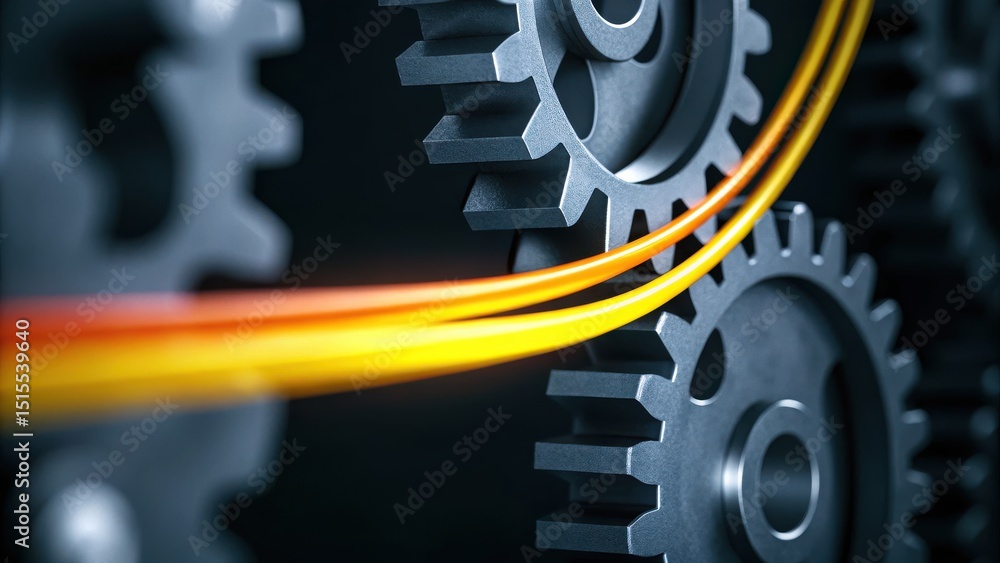 Poster close-up of metallic gears interlocking with orange and yellow cables running through them, symboliz