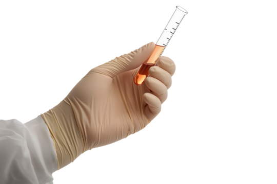 Gloved Hand Holding Test Tube with Red Liquid Chemistry Experiment - Powered by Adobe