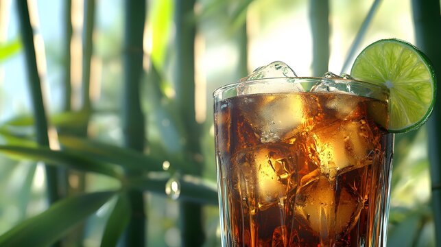 Photograph of a refreshing, chilled Adobado cola with lime and ice, set against a green bamboo background, Generative AI