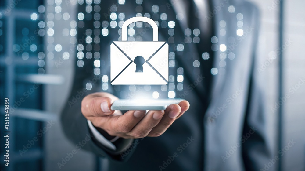 Poster a business person holds a phone displaying a secure email icon, symbolizing digital communication pr
