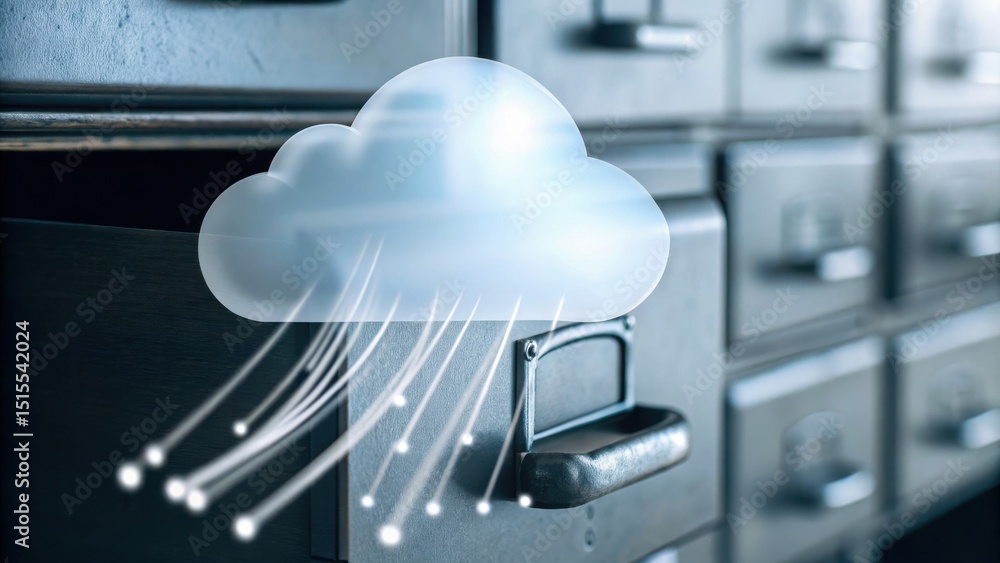 Poster a glowing cloud symbol appears over an open filing cabinet drawer, representing digital cloud storag