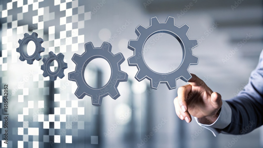 Poster a person interacts with virtual gears, symbolizing digital solutions and business process automation