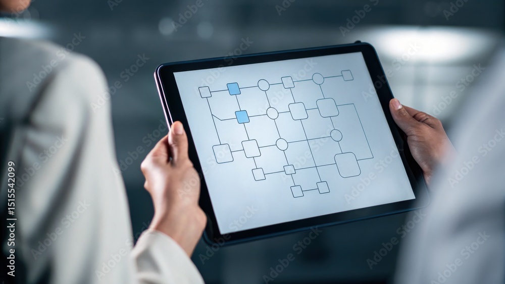 Poster two people review a digital flowchart or network diagram on a tablet in a modern office environment.