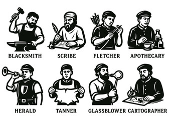 Vintage Black and White Vector Icons of 8 Historical Professions