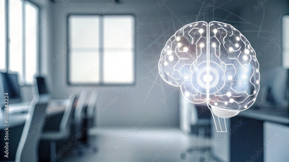Poster a glowing digital brain hologram is displayed in a modern office, symbolizing artificial intelligenc