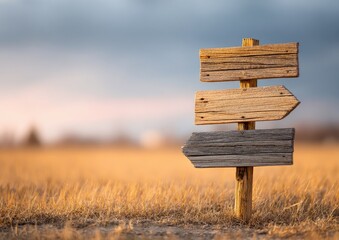 Rustic wooden signpost with three blank arrows stands in a field at sunset.  The sky is cloudy, and the grass is dry