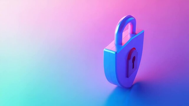 3D lock icon with gradient pink and blue lighting symbolizing security, protection, and safety technology blue shield padlock on vibrant background representing modern 3d icon security and protection