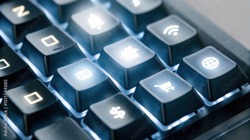 Poster illuminated keyboard keys featuring various internet and technology-related icons, such as email, sh