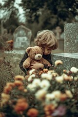 A Young Child's Grief by the Grave Flowers A Teddy Bear Friend A Symbol of Innocence and Loss