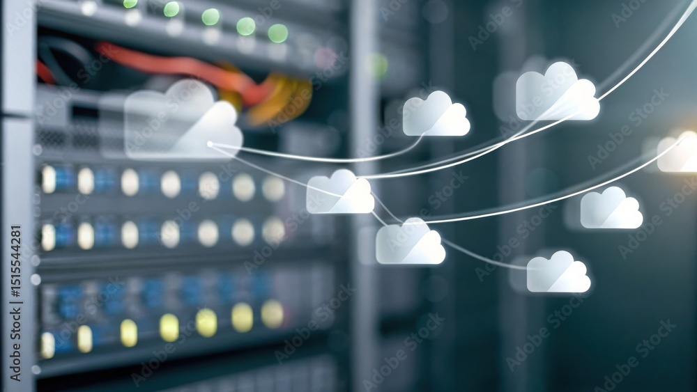 Poster cloud icons connect to a server rack, representing cloud computing, data storage, and modern network