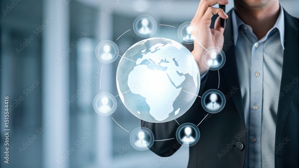 Poster a businessperson interacts with a digital globe, symbolizing global communication and networking in 